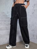 Pocket Drawstring Splicing Loose Wide Leg Jeans GZHY-70076