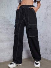 Pocket Drawstring Splicing Loose Wide Leg Jeans GZHY-70076