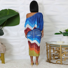 Printed Bat Sleeve Top Split Skirt Two Piece Set NY-10867
