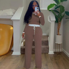 Ribbed Color Clash Long Sleeve Pants Two Piece Set HNIF-2421