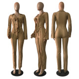 Casual Solid Flare Sleeve Tie-UpTop 2 Piece Pants Set GCNF-0199