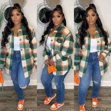 Loose Long Sleeve Plaid Shirt Coat OUQF-274