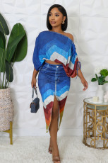 Printed Bat Sleeve Top Split Skirt Two Piece Set NY-10867