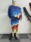 Printed Bat Sleeve Top Split Skirt Two Piece Set NY-10867