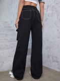 Pocket Drawstring Splicing Loose Wide Leg Jeans GZHY-70076