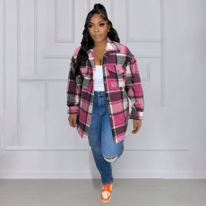 Loose Long Sleeve Plaid Shirt Coat OUQF-274