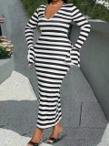 Black White Stripe Tight Ruffles Long Dress GFMA-0423