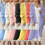 Plus Size Solid Long Hollow Out Sweater Cardigan Jacket FSXF-633