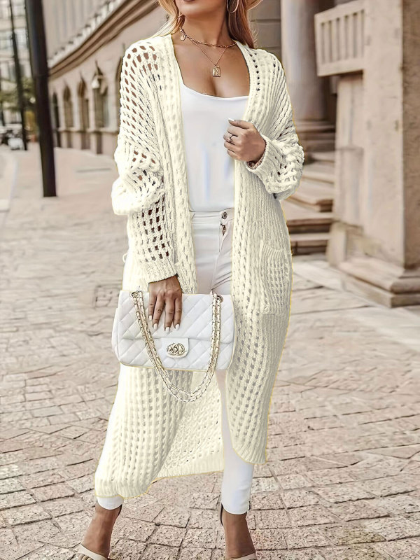 Plus Size Solid Long Hollow Out Sweater Cardigan Jacket FSXF-633