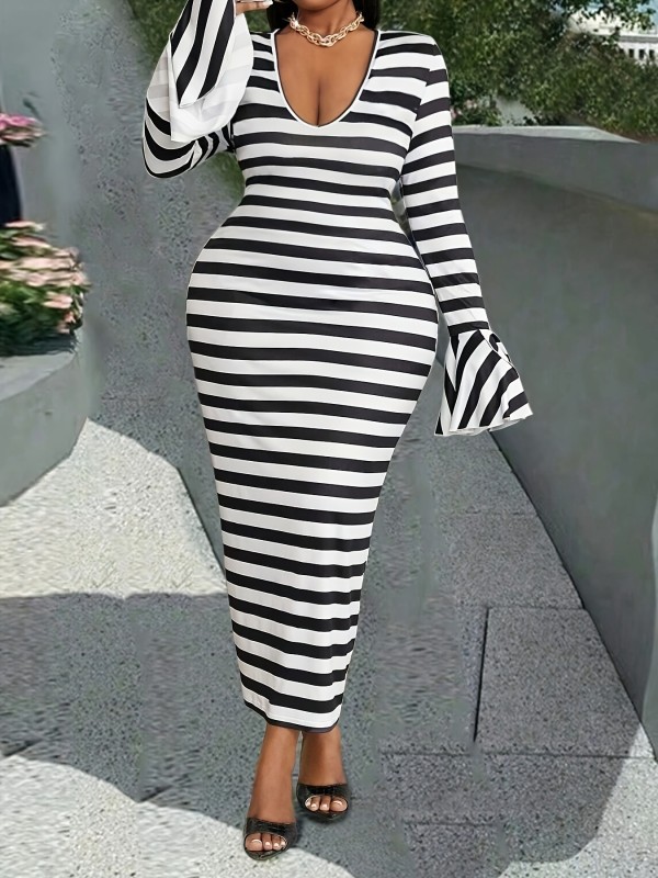 Black White Stripe Tight Ruffles Long Dress GFMA-0423