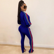 Color Stripe Printed Splicing Split Zipper Sport Pants Suit YS-2410