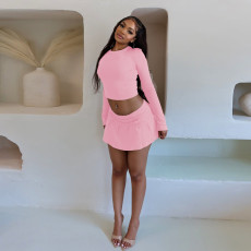 Long Sleeve Solid Crop Top Pleated Skirt Suit MEI-9319