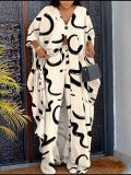Fashion Printed V-Neck Loose Long Shirt Pants Set GMJL-001