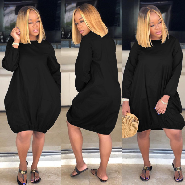 Solid Color Long Sleeve Lantern Dress AIL-281