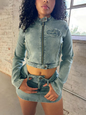 Denim Long Sleeve Zipper Two Piece Skirts Set CH-HR88018