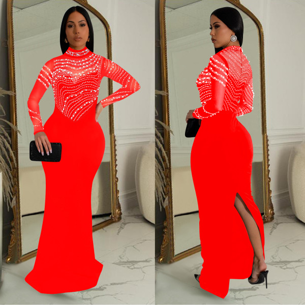 Solid Color Hot Drill Long Dress BY-C7043
