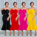 Solid Color Sleeveless Bow Two Piece Skirt Set BY-7028