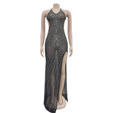 Hot Drill V Neck Backless Maxi Dress BY-7023