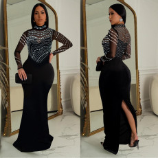 Solid Color Hot Drill Long Dress BY-C7043
