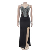 Sleeveless V Neck Sling Hot Drill Maxi Dress BY-7046