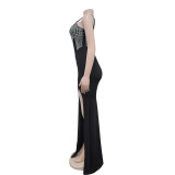 Sleeveless V Neck Sling Hot Drill Maxi Dress BY-7046