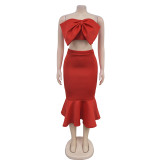 Solid Color Sleeveless Bow Two Piece Skirt Set BY-7028