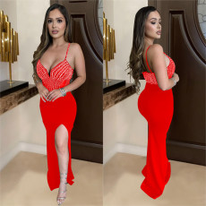 Sleeveless V Neck Sling Hot Drill Maxi Dress BY-7046