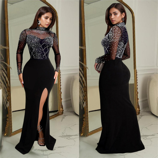 Long Sleeve Hot Drill Split Maxi Dress BY-C7045