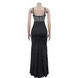 Sleeveless V Neck Sling Hot Drill Maxi Dress BY-7046
