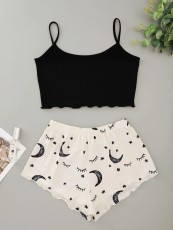 Casual Sling Print Loungewear 2 Piece Set GXMB-TL9074_BK