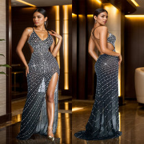 Hot Drill V Neck Backless Maxi Dress BY-7023