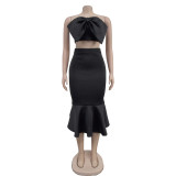Solid Color Sleeveless Bow Two Piece Skirt Set BY-7028