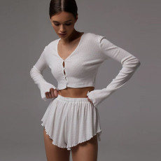 Flared Sleeve Knit Ruffle Shorts Casual Set XEF-53473