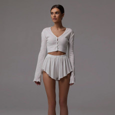 Flared Sleeve Knit Ruffle Shorts Casual Set XEF-53473
