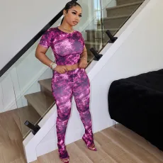 Short Sleeve Print Skinny Pants Two Piece Set XEF-53766