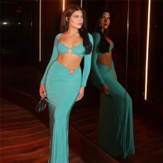 Solid Long Sleeve Top Fishtail Skirt Set  XEF-51945
