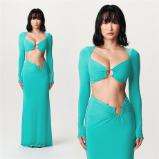 Solid Long Sleeve Top Fishtail Skirt Set  XEF-51945