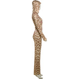 Leopard Print Hooded Zipper Two Piece Pants Set XEF-50103