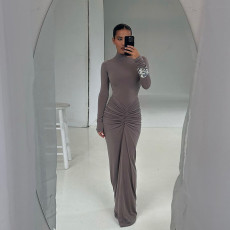 Solid Color Long Sleeve Pleated Maxi Dress XEF-52164