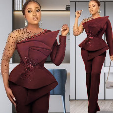 Solid Color Beaded Mesh Patchwork Irregular Top Pants Set GFTN-6279#