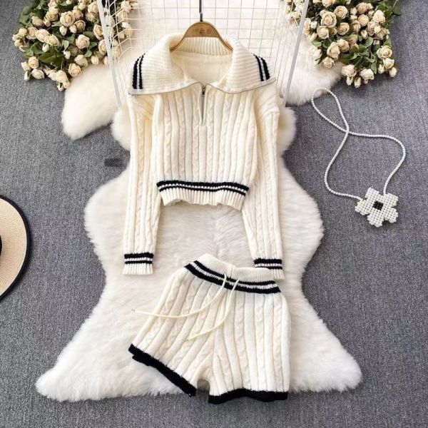 Contrst Color Sweater Long Sleeve Shorts Suit GPND-lw230968