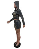 Denim Long Sleeve Hooded Skirts Two Piece Set MEM-88594