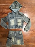 Denim Long Sleeve Hooded Skirts Two Piece Set MEM-88594