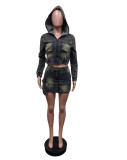 Denim Long Sleeve Hooded Skirts Two Piece Set MEM-88594