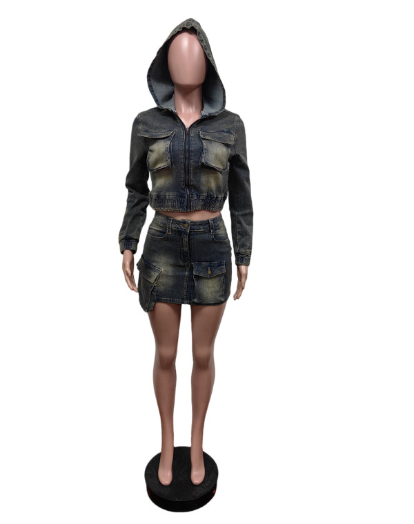 Denim Long Sleeve Hooded Skirts Two Piece Set MEM-88594