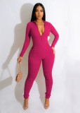 Solid Color Zipper V Neck Jumpsuit YD-1167
