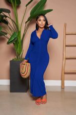 V Neck Pleated Solid Color Long Dress YD-1160-A6