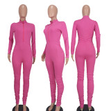 Solid Color Zipper V Neck Jumpsuit YD-1167