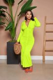 V Neck Pleated Solid Color Long Dress YD-1160-A6