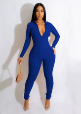 Solid Color Zipper V Neck Jumpsuit YD-1167
